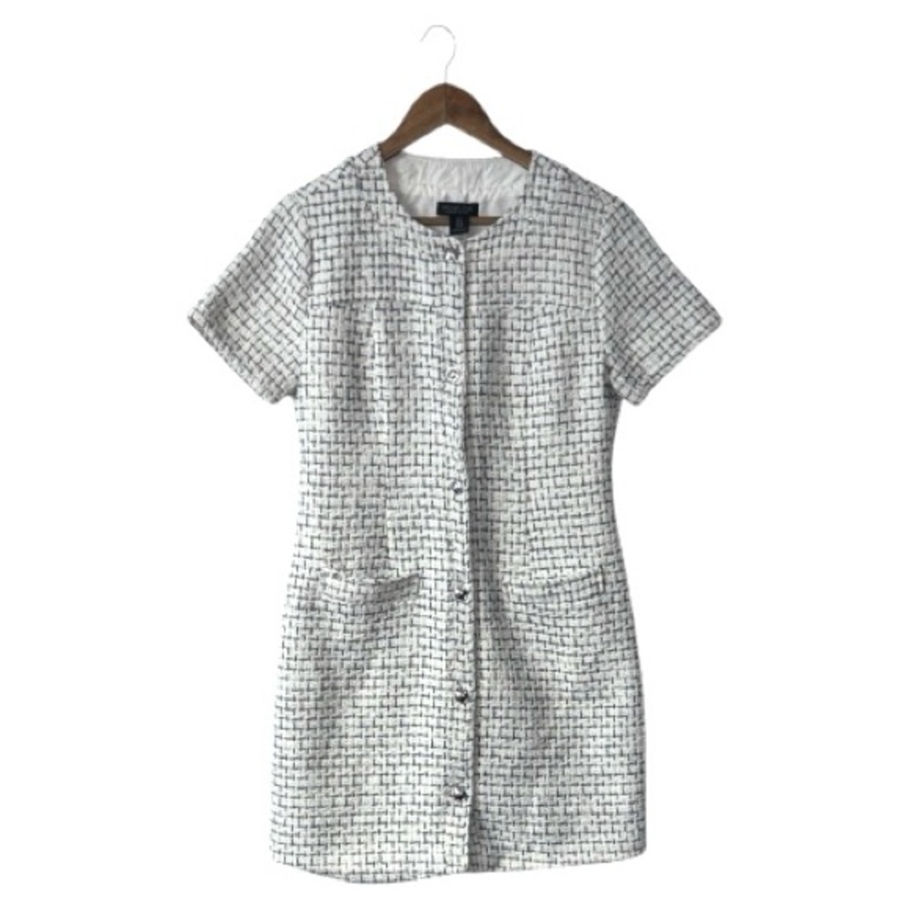 Rachel Zoe Black White Tweed Dress Short Sleeve Buttons Pockets Classy Size 8